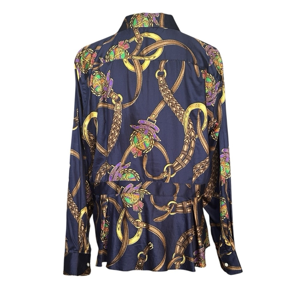 Lauren RALPH LAUREN Equestrian Print Top sz 16W Blue Long Sleeve Peplum Cotton - Picture 3 of 10